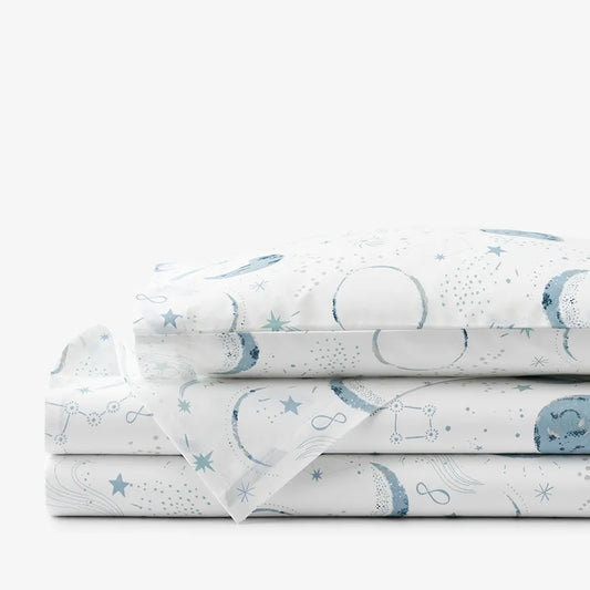 Night Sky Classic Cool Organic Cotton Percale Toddler Bed Sheet Set - Blue