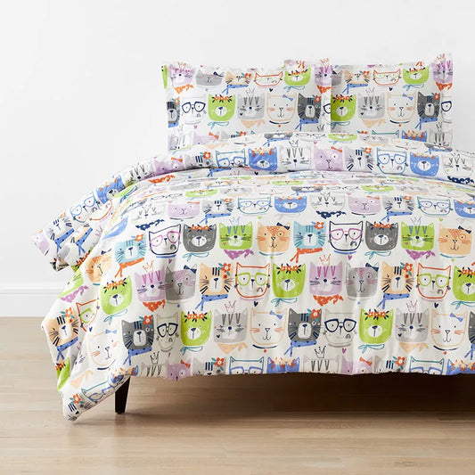 Stylish Cats Classic Cool Organic Cotton Percale Duvet Cover Set - White Multi, Full
