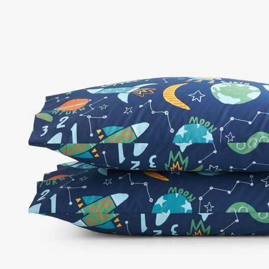 Planets and Rockets Classic Cool Organic Cotton Percale Pillowcase Set - Navy Multi, Standard