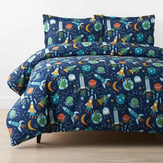Planets and Rockets Classic Cool Organic Cotton Percale Duvet Cover Set - Navy Multi, Twin/Twin XL