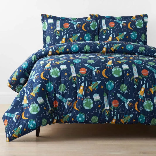 Planets and Rockets Classic Cool Organic Cotton Percale Comforter Set - Navy Multi, Twin/Twin XL