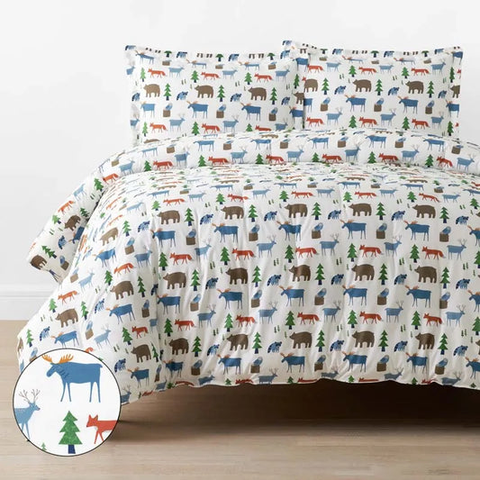 Forest Friends Classic Cool Organic Cotton Percale Comforter Set - White Multi, Twin/Twin XL
