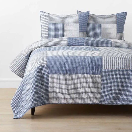 Stripe Block Yarn-Dyed Patchwork Quilt - Blue, Twin/Twin XL
