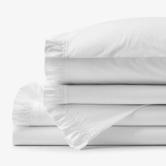 Solid Ruffle Garment Washed Cotton Percale Bed Sheet Set - White, Twin XL