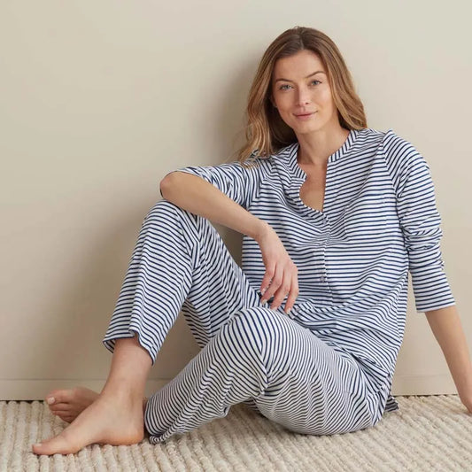 Yarn-Dyed Stripe Pima Cotton Women's Button-Down Pajama Set - Navy/White, XS