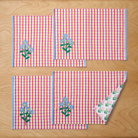 Floral Plaid Reversible Placemats, Set of 4 - Red
