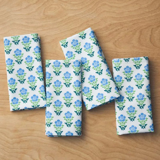 Floral Plaid Napkins, Set of 4 - Blue