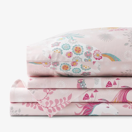 Fancy Unicorns Classic Cool Organic Cotton Percale Bed Sheet Set - Pink Multi, Twin