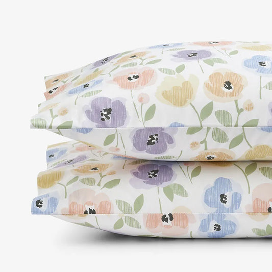 Pastel Poppies Classic Cool Organic Cotton Percale Pillowcase Set - White Multi, Standard
