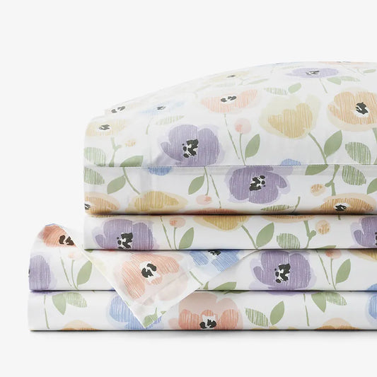Pastel Poppies Classic Cool Organic Cotton Percale Bed Sheet Set - White Multi, Full