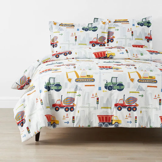 Construction Trucks Classic Cool Organic Cotton Percale Duvet Cover Set - White , Twin/Twin XL