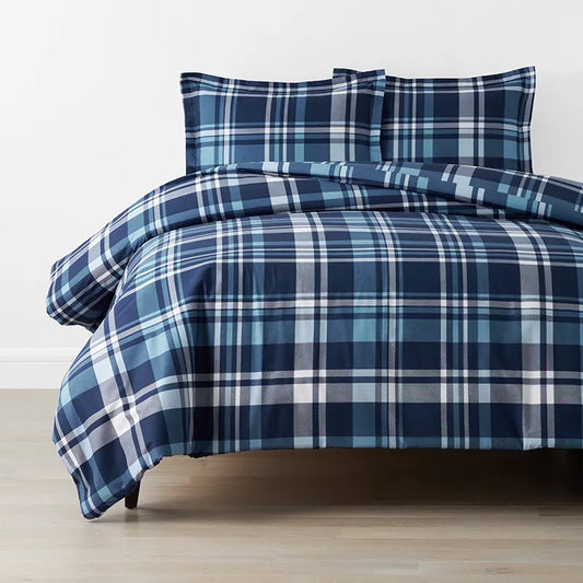 Handsome Tartan Classic Cool Organic Cotton Percale Duvet Cover Set - Blue Multi, Twin/Twin XL