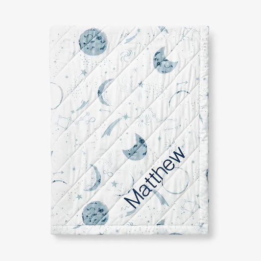Night Sky Classic Cool Organic Cotton Percale Quilted Reversible Sherpa Stroller Blanket - Blue