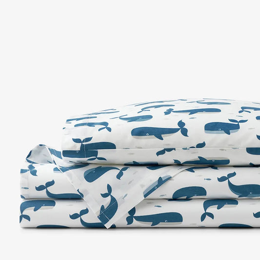 Whale School Classic Cool Organic Cotton Percale Toddler Bed Sheet Set - Blue