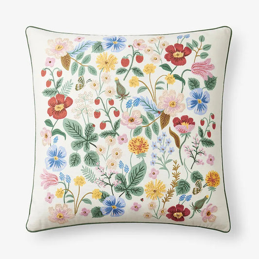 Strawberry Fields Embroidered Decorative Square Pillow Cover - Cream Multi