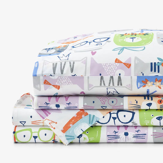 Stylish Cats Classic Cool Organic Cotton Percale Bed Sheet Set - White Multi, Full