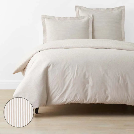 Classic Stripes and Plaids Cool Yarn-Dyed Cotton Percale Duvet Cover - Stripe Tan, King/Cal. King