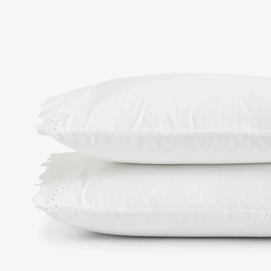 Eyelet Classic Cool Cotton Percale Solid Pillowcase Set - White, Standard