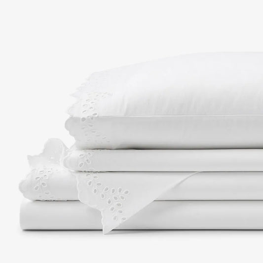 Eyelet Classic Cool Cotton Percale Solid Bed Sheet Set - White, Twin XL