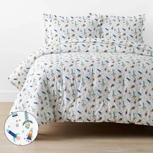 Space Adventure Classic Cool Organic Cotton Percale Comforter Set - White Multi, Twin/Twin XL