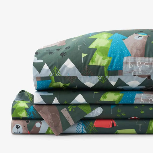 Bear Camp Classic Cool Organic Cotton Percale Bed Sheet Set - Green Multi, Twin XL