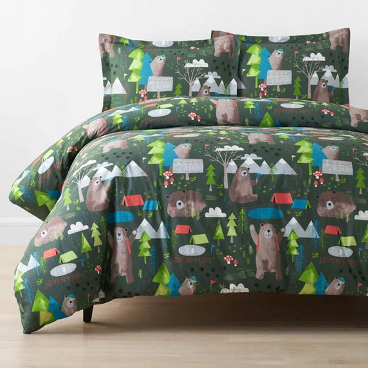 Bear Camp Classic Cool Organic Cotton Percale Duvet Cover Set - Green Multi, Twin/Twin XL