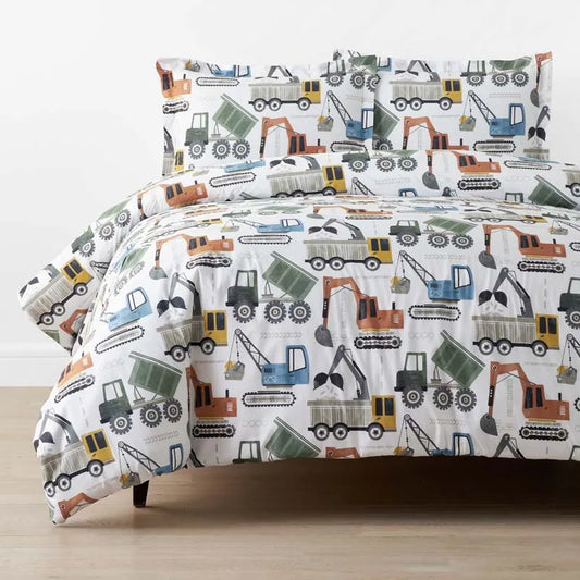 Construction Builders Classic Cool Organic Cotton Percale Duvet Cover Set - White Multi, Twin/Twin XL
