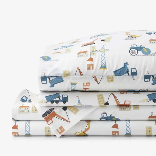 City Builders Classic Cool Organic Cotton Percale Bed Sheet Set - White Multi, Twin XL