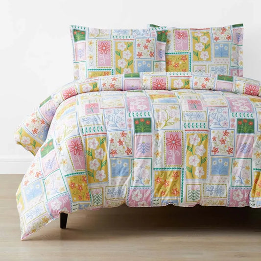 Stitch and Bloom Classic Cool Organic Cotton Percale Comforter Set - White Multi, Twin/Twin XL