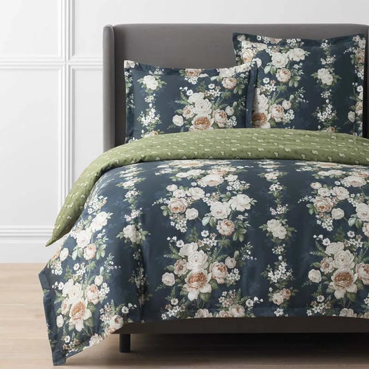 Blooming Melody Reversible Premium Smooth Wrinkle-Free Sateen Duvet Cover - Green Multi, Full/Queen