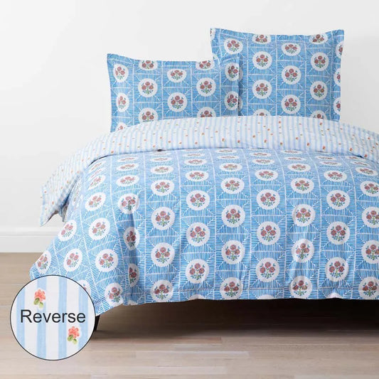 Blossoms and Stripes Classic Cool Cotton Percale Reversible Duvet Cover - Blossom Veil, Full/Queen