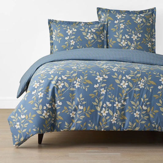 Garden Mist Classic Cool Cotton Percale Reversible Duvet Cover - Floral and Stripe Smoke Blue, Twin/Twin XL