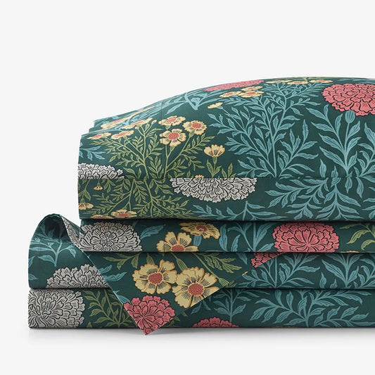 Zinnia Floral Classic Smooth Sateen Bed Sheet Set - Deep Teal, Twin
