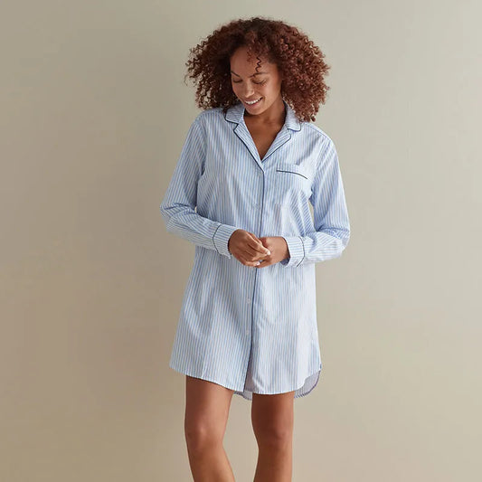 Printed Poplin Women's Nightshirt - Blue Stripe, XS