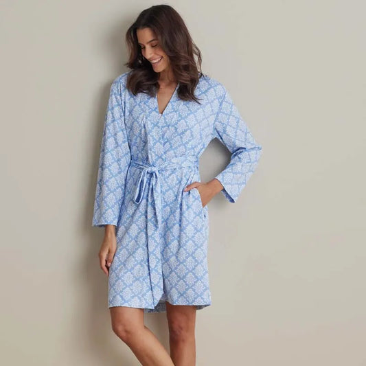 Printed Pima Cotton Women's Kimono Robe - Lisbon Blue, S