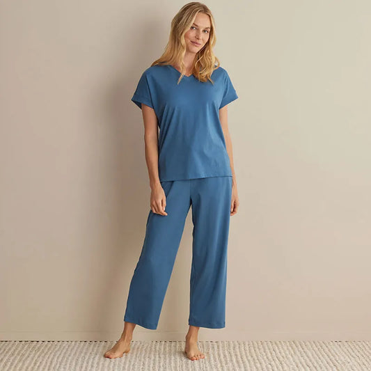 Pima Cotton Women's Cropped Pants Pajama Set - Blue Denim, XS