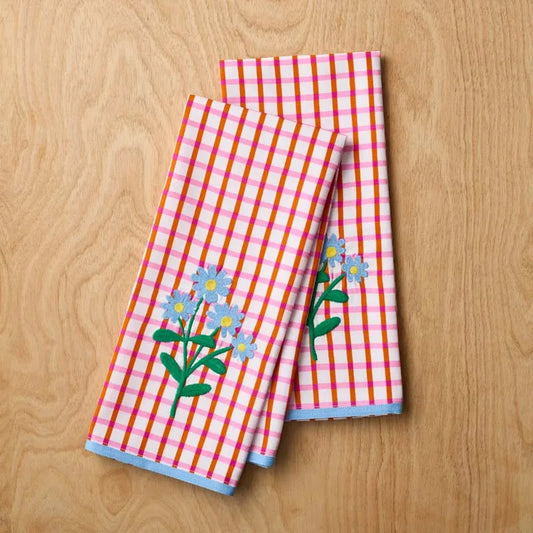 Floral Plaid Kitchen Towel Sets - Red, Set of 2