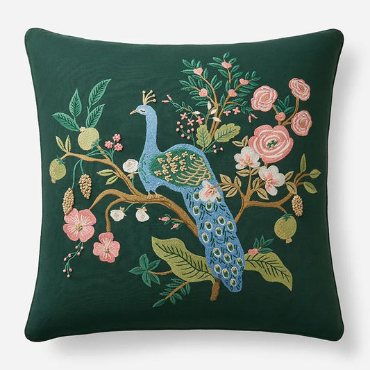 Peacock Embroidered Decorative Square Pillow Cover - Green Multi