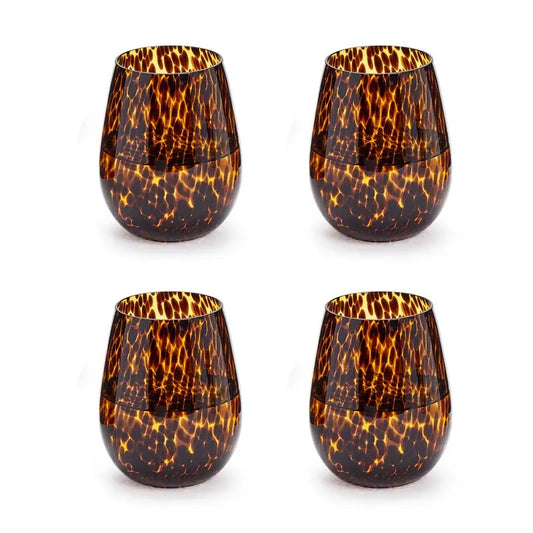 Tortoise Print Stemless Wine Glasses, Set of 4