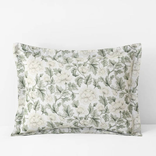 Elegant Floral Garment Washed Cotton Percale Reversible Sham - Green, Standard