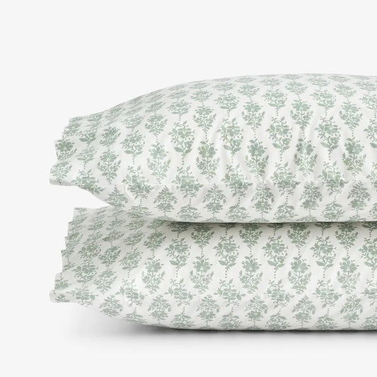 Fancy Blossom Garment Washed Cotton Percale Pillowcase Set - Green, Standard