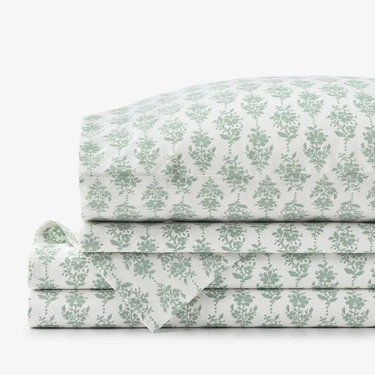 Fancy Blossom Garment Washed Cotton Percale Bed Sheet Set - Green, Twin