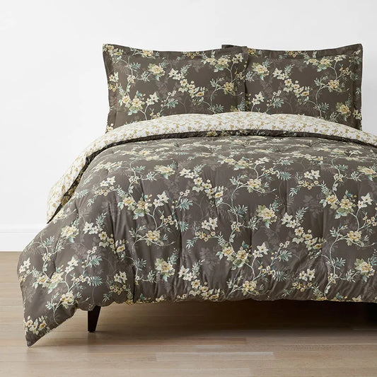 Charming Floral Garment Washed Cotton Percale Reversible Comforter Set - Cocoa Brown, Twin/Twin XL